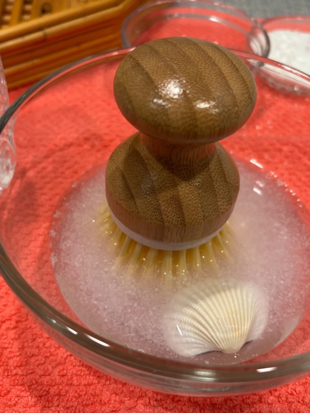 care of environment scrubbing a small object w/ seashell by idlewild montessori